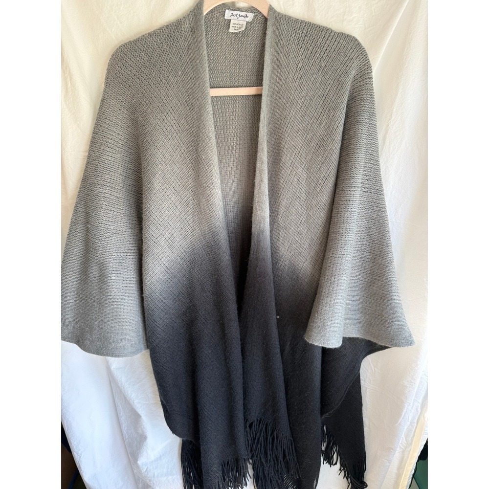 Just Jamie Ombre Knit Poncho Wrap Grey Charcoal Fringe Open Front Shawl‎ OS